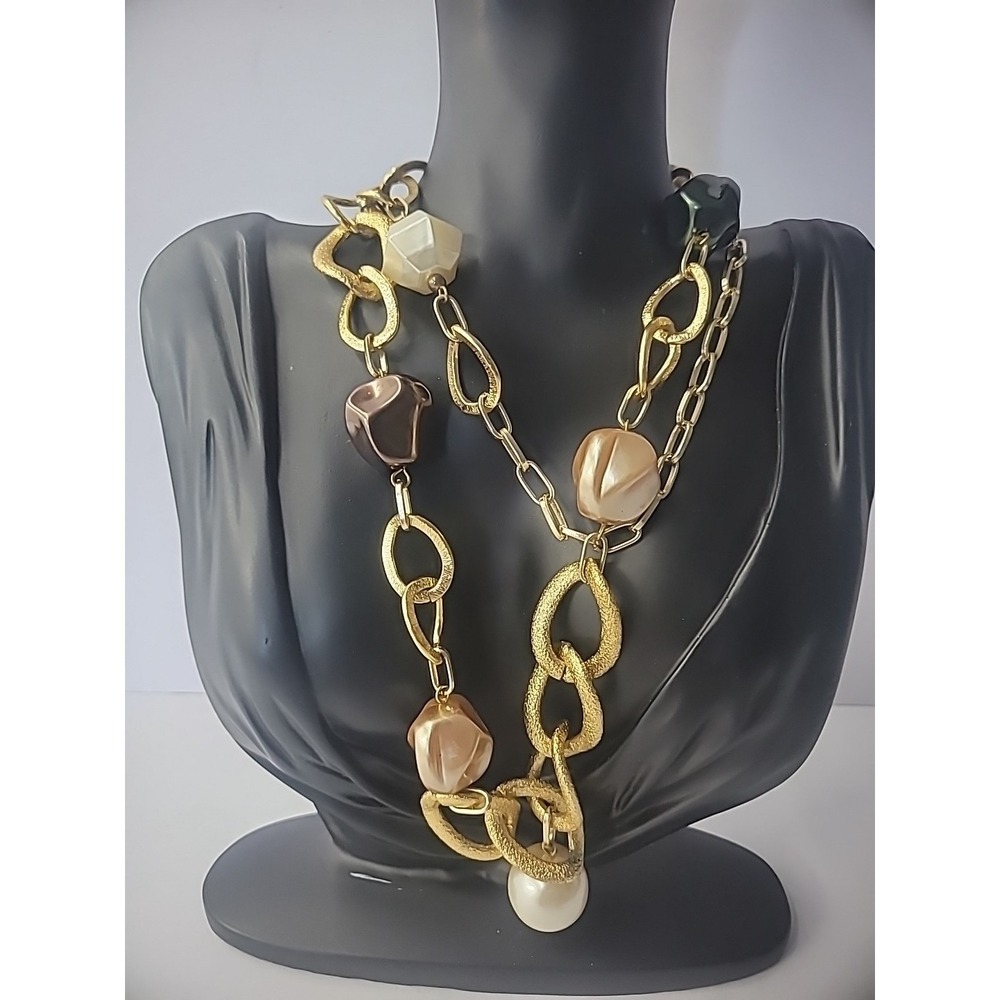 Vintage Necklace Beaded Blue Pink Gold Tone Chain Jewelry Costume